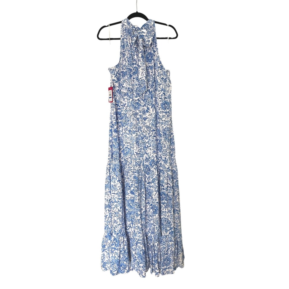 Vince Camuto Blue White Floral Halter Maxi Dress Tiered Sleeveless Gown NWT - Picture 2 of 2